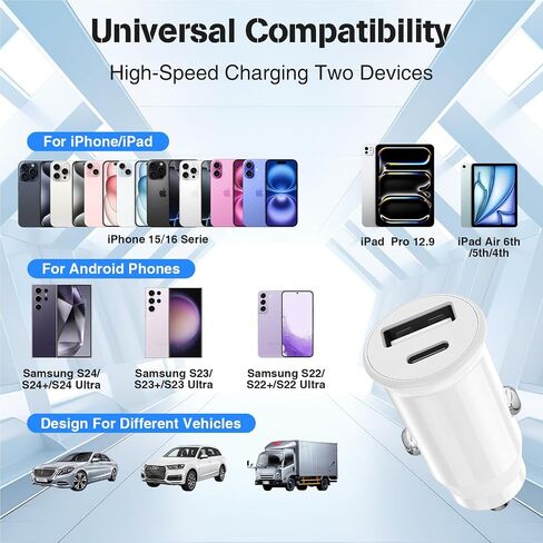 Car Charger for iPhone 15, 40W Dual USB C Car Charger Cigarette Lighter with 2 Pack 3FT USB C to USB C Cable Fast Charging Compatible for iPhone 15 Pro/15 Pro Max, iPad Pro/Air/Mini-White in Saudi Arabia