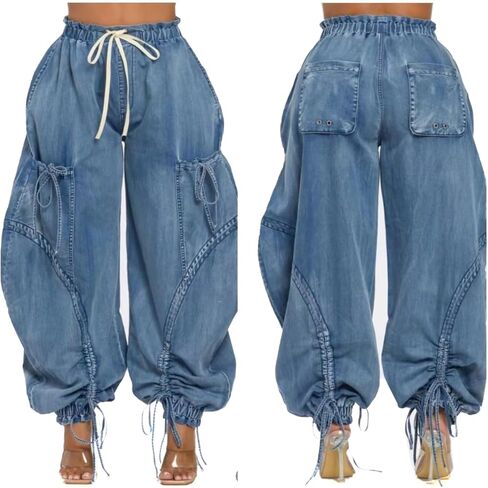Voghtic Women's Baggy Y2K Elastic Waisted Jeans Bow-Knot Drawstring Pull-On Cargo Denim Pants Harem Pants Streetwear in Kuwait