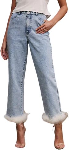 Cropped Jeans for Women Feather Trim Straight Leg High Waist Button Fly Denim Pants in Saudi Arabia