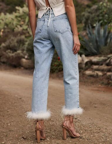 Cropped Jeans for Women Feather Trim Straight Leg High Waist Button Fly Denim Pants in Saudi Arabia