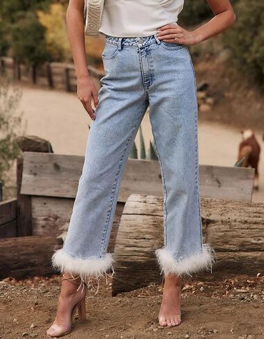 Cropped Jeans for Women Feather Trim Straight Leg High Waist Button Fly Denim Pants in Saudi Arabia
