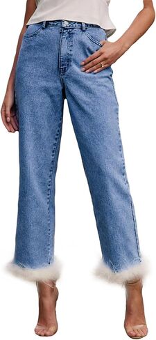 Cropped Jeans for Women Feather Trim Straight Leg High Waist Button Fly Denim Pants in Saudi Arabia