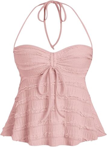 SOLY HUX Women's Peplum Halter Crop Tops Y2K Drawstring Tie Ruched Dressy Casual Spaghetti Strap Cami Top in Kuwait