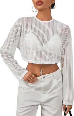 WDIRARA Women's Sequin Striped Drop Shoulder Round Neck Long Sleeve Sheer Knitted Crop Top in Saudi Arabia