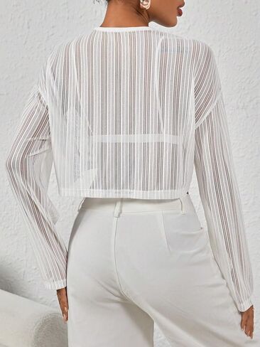 WDIRARA Women's Sequin Striped Drop Shoulder Round Neck Long Sleeve Sheer Knitted Crop Top in Saudi Arabia