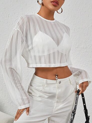 WDIRARA Women's Sequin Striped Drop Shoulder Round Neck Long Sleeve Sheer Knitted Crop Top in Saudi Arabia