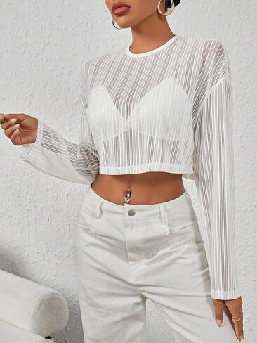 WDIRARA Women's Sequin Striped Drop Shoulder Round Neck Long Sleeve Sheer Knitted Crop Top in Saudi Arabia