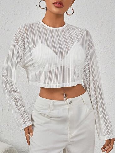 WDIRARA Women's Sequin Striped Drop Shoulder Round Neck Long Sleeve Sheer Knitted Crop Top in Saudi Arabia
