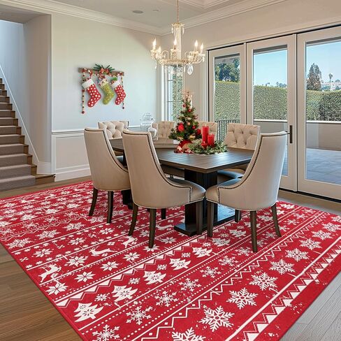 SHACOS Christmas Area Rug 6x9ft Red Snowflakes Christmas Tree Deer Xmas Holiday Decor Non Slip Soft Washable Christmas Decorative Rug Living Room Indoor Accent Throw Rug Carpet Bedroom Dining Room in Saudi Arabia