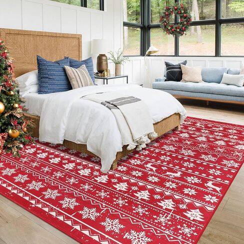 SHACOS Christmas Area Rug 6x9ft Red Snowflakes Christmas Tree Deer Xmas Holiday Decor Non Slip Soft Washable Christmas Decorative Rug Living Room Indoor Accent Throw Rug Carpet Bedroom Dining Room in Saudi Arabia