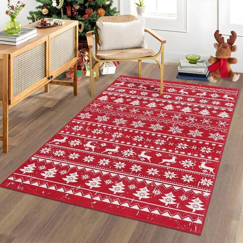 SHACOS Christmas Area Rug 6x9ft Red Snowflakes Christmas Tree Deer Xmas Holiday Decor Non Slip Soft Washable Christmas Decorative Rug Living Room Indoor Accent Throw Rug Carpet Bedroom Dining Room in Saudi Arabia