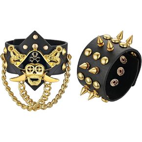 OIDEA 2 pcs Spike Studded Pirate Captain Bracelet, Punk Rock Biker Wide Leather Bracelets,Gold