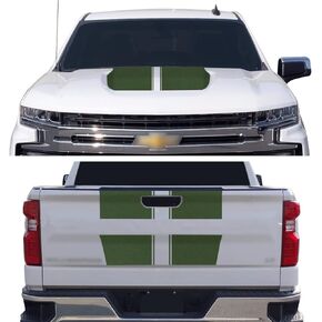 Hood & Tailgate Rally Style Stripes Graphic Overlay Pre Cut Vinyl Decal Compatible with Chevrolet Silverado 1500 2019-2021 - Matte Black