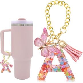 Letter Charm Accessories for Stanley Cup with Handle, Cute Initial Letter Charms with Butterfly Tassel for Stanley Tumbler for Women Girls (K-pink)
