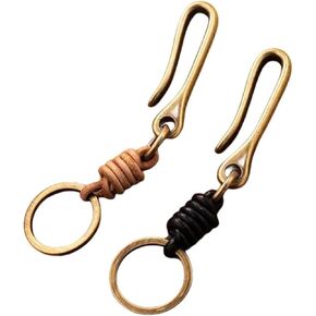 RIVEENY 2 Pack Fish Hook Keychain Wallet Holder Belt Clip, Real Leather Handmade Retro Snap U Hook Key Holder Key Ring Key Chain for Men Women