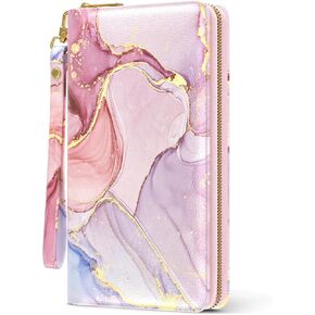 Nipichsha Womens Wallet, RFID Wristlet Wallet for Women, Cute Ladies Purse, Large Credit Card Clutch Wallets, Leather Card Holder Wallets with Zipper & Phone Holder, Pink Marble
