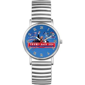 JewelryWe Men Women Elastic Watches: Round Analog Trump Dial Quartz Watch Gold Silver Plated Stretch Band Wristwatch for Christmas