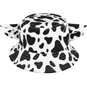 Cow Print Bucket Hat, Cow Bucket Hat with Horn Ears Fisherman Hat Cute Bucket Hat Summer Travel Sun Hat Cap for Women Men Beach Travel Protection Accessories Black, White