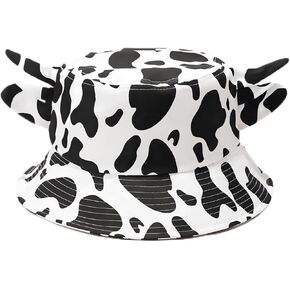 Cow Print Bucket Hat with Cute Horn Ears Cow Print Beach Sun Hat Fisherman's Cow Bucket Hat White