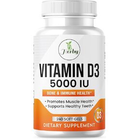 Herby VITMAIN D3 5000 IU, Bone Health and Immunity Support Supplement, Mood Booster - Halal, 240 Count SOFT GEL (Pack of 1), Clear