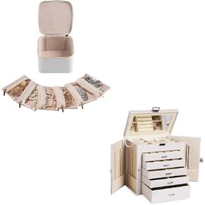 Frebeauty 6 Layers Jewelry Box and Portable Travel Jewelry Box Bundle.One for Home,One for Travel(White)