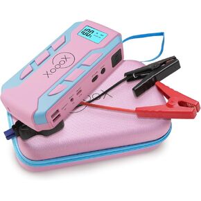 Pink Portable Car Battery Jump Starter Kit with Jumper Cables, LED Light and Case; 12V Jump Start Battery Pack; Portable Battery Charger for USB/USB-C Devices
