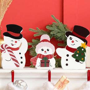 Christmas Decorations Indoor 3 PCS Cute Wooden Snowman Decorations for Tiered Tray Decor Table Sign Set Snowman Blocks for Party Home Desk Xmas Shelf Display