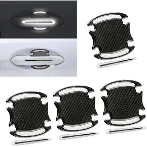 8 PCS Car 3.5" x 3.2" Door Bowl Sticker + 3.5" x 0.5" Door Handle Protector, PVC Carbon Fiber Reflective Warning Door Handle Bowl Sticker Kit, Waterproof Modification Accessories (White)