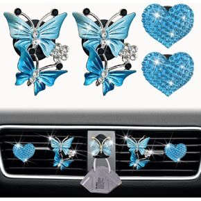 Blue Heart & Butterfly Air Vent Clips, 4 Pcs Bling Heart Car Air Fresheners Vents Clips Car Diffuser Diamond Car Interior Decor Charm Cute Car Accessories Car Decoration for Women + Cute Mask Hook