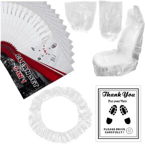 ICWEIMEI 100Pcs Disposable Car Protective Covers Set 5in1 Plastic Car Interior Protector Includes Disposable Car Seat Cover, Steering Wheel Cover, Handbrake Cover, Gear Shift Cover, Paper Floor Mat