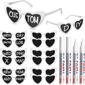 Flutesan 12 Pcs Personalized Heart Shaped Sunglasses Bulk White Heart Frame Wedding Sunglasses with 4 Paint Pens for Adult DIY Birthday Wedding Bridal Party Favors