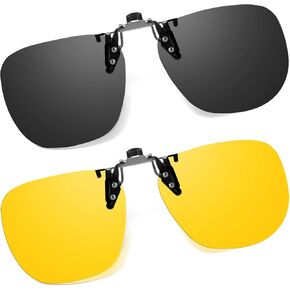 2 Pack Clip On Day & Night Vision Glasses for Driving Polarized Anti Glare Flip-Up Sunglasses
