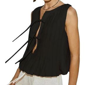 Women Bow Tie Front Top Crop Tank Y2k Cute Pleated Peplum Sleeveless Linen Vest Shirt Going Out Top