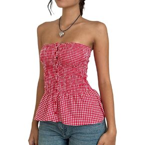 Women Y2k Gingham Tube Top Strapless Backless Plaid Peplum Vest Coquette Bandeau Crop Tank Top Summer Going Out Top