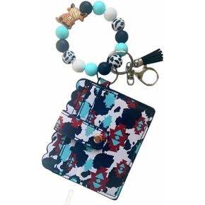 Cow Wristlet Keychain with Wallet Silicone Beaded Wristlet Bracelet Keychain for Women Cow Lover