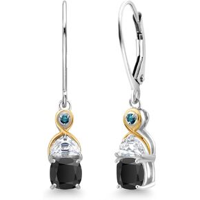 Gem Stone King 925 Silver and 10K Yellow Gold Dangle Earrings Cushion Onyx Half Moon Moissanite and Blue Diamond (1.57 Carat Cttw)