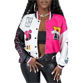 SOLY HUX Women's Letter Print Color Block Button Down Cropped Bomber Jacket Long Sleeve Casual Outerwear