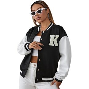 MakeMeChic Women's Casual Button up Two Tone Bomber Letter Print Jacket Outwear Black XS