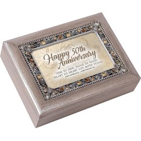Cottage Garden Happy 50th Anniversary Brushed Pewter Jewelry Music Box Plays Amazing Grace