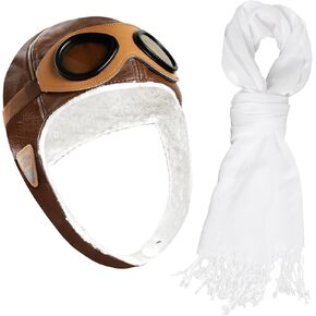 Pilot Aviator Costume for Kids Retro Aviator Hat Pilot Hat with Goggles and Withe Scarf for Birthday Party Halloween Cosplay