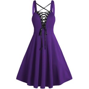 DRESSFO Women's Gothic Cocktail Dress 65s Lace Up Retro Rockabilly Plunging Neck High Waisted A Line Party Swing Dress