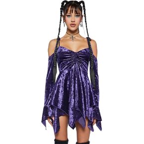 Dolls Kill F is for Fairies Handkerchief Dress for Women - Off-Shoulder, Custom Fit Dress for Fairycore Fashion - Purple Velvet, Small