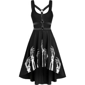 FEAPHY Women's Halloween Gothic Skeleton Print Sleeveless A-Line High Low Dress