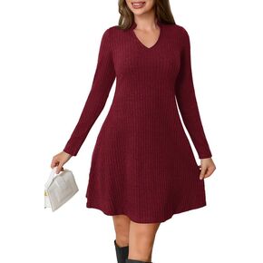 Sweater Dresses for Women Long Sleeve V Neck Casual Mini Tunic Fall and Winter Dress Red XL