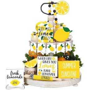 14 Pcs Lemon Tiered Tray Decor Set Summer Decorations Lemon Rolling Pins Lemonade Mini Wooden Signs Yellow Faux Lemons Signs Summer Tray Decor Farmhouse Summer Decor for Home Lemon Theme Party Decor