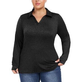 FOREYOND Women's Plus Size Long Sleeve Polo Shirts V-Neck Workout Tops Moisture Wicking Golf Shirts