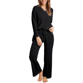 Lounge Sets for Women Waffle Knit Pajamas Set 2 Piece V Neck Top and Long Pant Cozy Sleepwear Loungewear Pjs Set