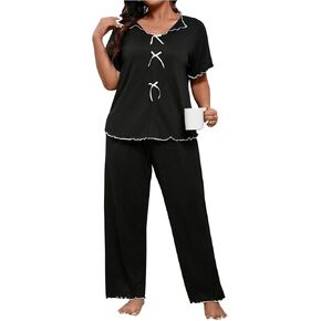 MakeMeChic Women's Plus Size Two Piece Pajama Set Bow Front Short Sleeve Tee Top and Pants Lounge Set