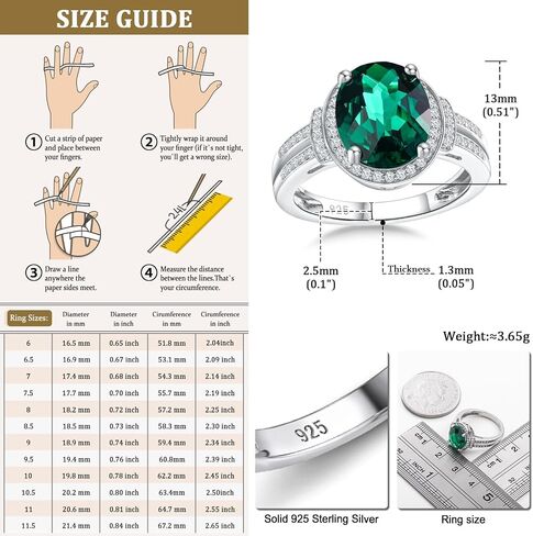 Emerald/Sapphire/Ruby/Tourmaline Rings for Women, 925 Sterling Silver Gemstone Engagement Anniversary Ring Big 6.5-8.5 Carat Birthstone Ring, Size 6 to 10 (Send Gift Box) in Saudi Arabia