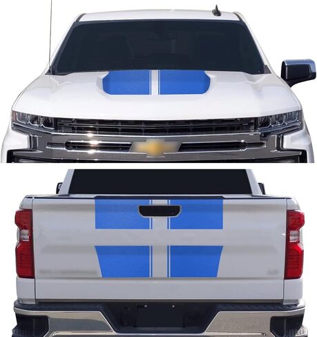 Hood & Tailgate Rally Style Stripes Graphic Overlay Pre Cut Vinyl Decal Compatible with Chevrolet Silverado 1500 2019-2021 - Matte Black in Kuwait